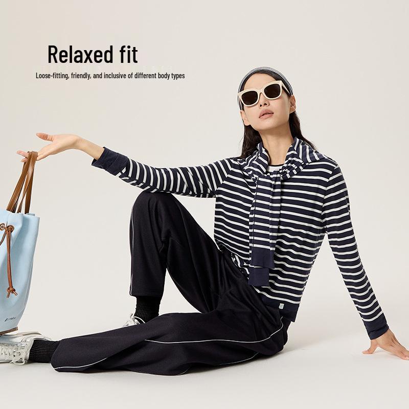 Merino Wool Tencel Striped Two-Piece Casual Long Sleeve T-Shirt