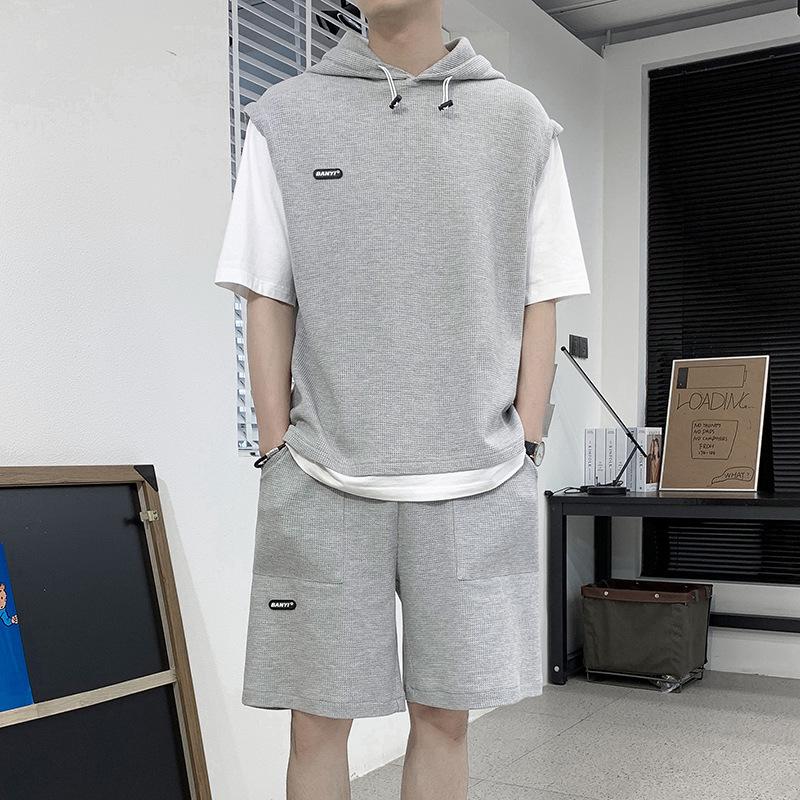 

Летний спортивный комплект из футболки с капюшоном и шорт 2023 года 4XL серый