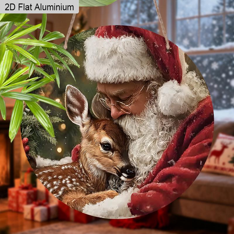 2D Flat Aluminium Christmas Sign with Santa Claus & Elk Pattern - Navidad Figurine Ornaments - Ideal for Front Door, Wall, Porch, Fence Decor - Ideal