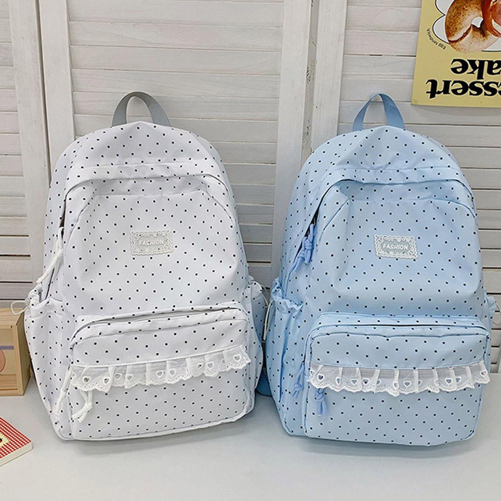 Polka Dot Backpack Cute Coquette Backpack with Lace Trim Kawaii Back Pack Everyday Daypack for Campus Classes and Weekend