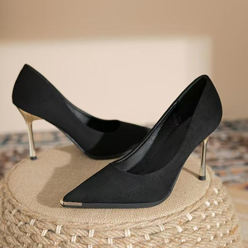 Fashion Women's Slim Heel Shoes Spring New Metal Pointed Shallow Mouth Suede Slip-on Wear Resistant High Heels