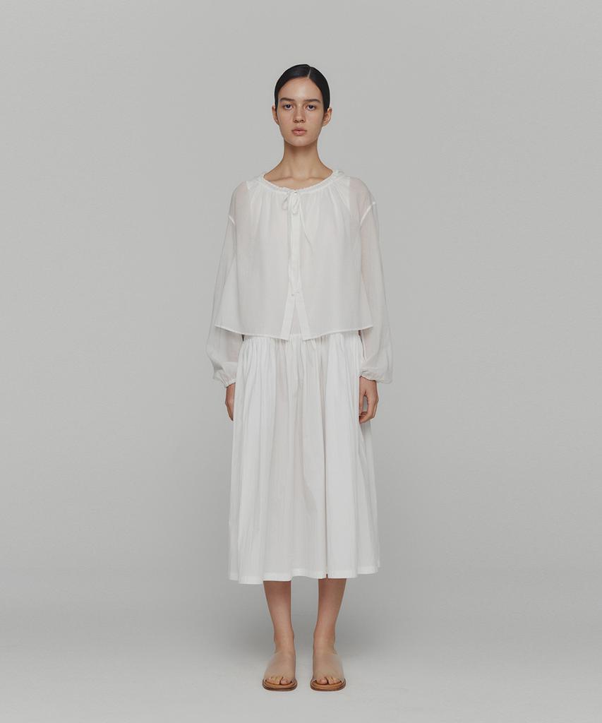 Amomento Sheer Shirring Hooded Blouse_White