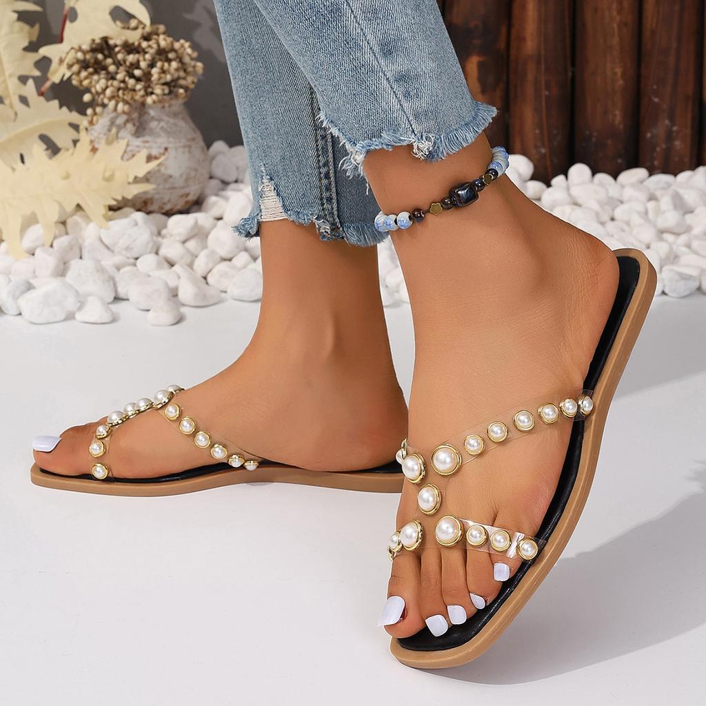 Large Size Flat Bottom One-character Cool Slippers Women's New Pearl Square Head Women's Shoes Outer Slippers Women