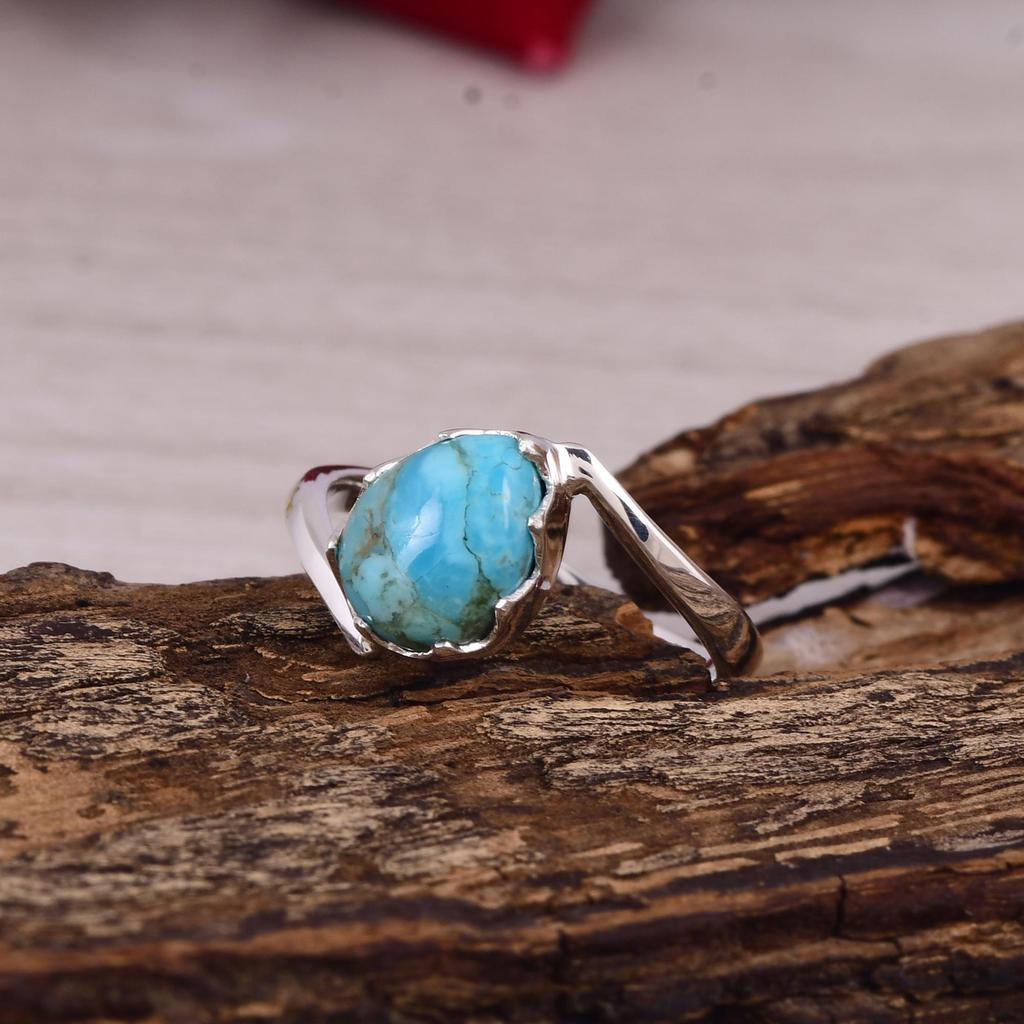 Handmade Turquoise Ring, Open Band Silver Ring, Heart Shape Gemstone Ring for Women
