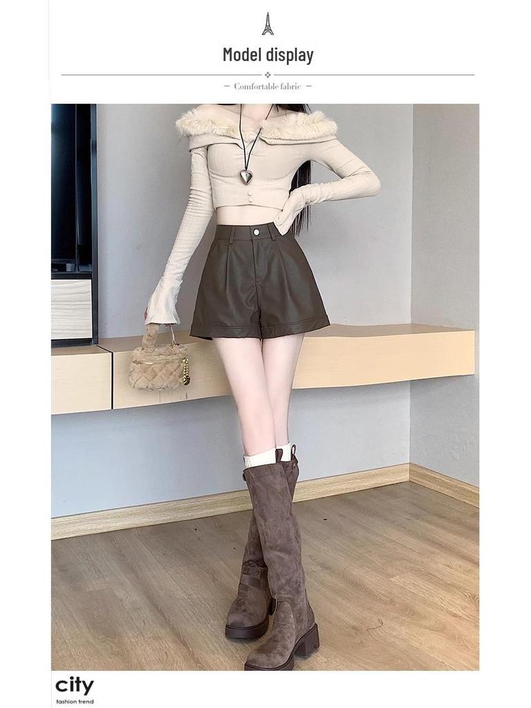 Women's High Waist PU Leather Shorts: Slim, Casual, Wide-Leg Design for Spring, Autumn, and Winter.