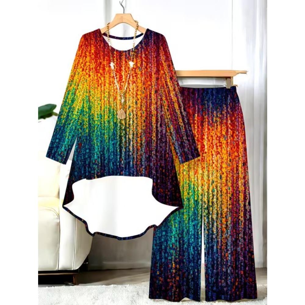 Floral Print Two Piece Outfit Women Long Sleeve Irregular Hem Tunic Top Wide Leg Pants Casual Matching Set