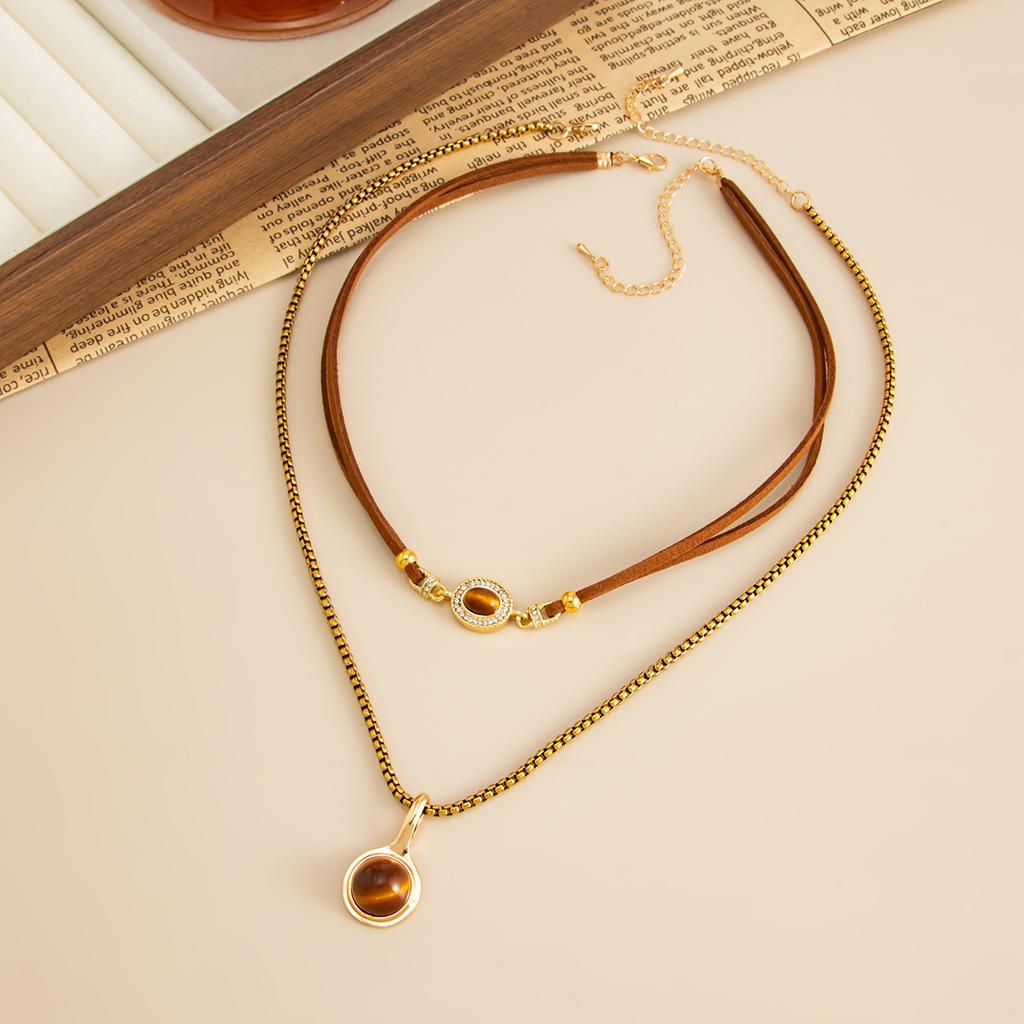 Maillard Style Tiger Eye Stone Pendant Y-shaped Thin Chain Sweater Necklace Women's Fashion Adjustable Rope Chain Daily Jewelry