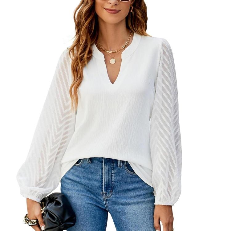 Women Summer Chiffon Blouse Puff Sleeve V Neck Solid Color Pullover Top