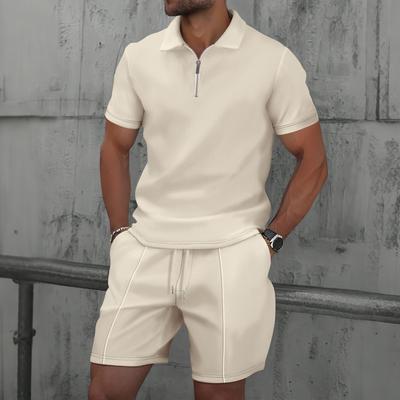 Männer Sommer Waffel Einfarbig Zip-up Revers Kurzarm Anzug Shorts Zwei Sets