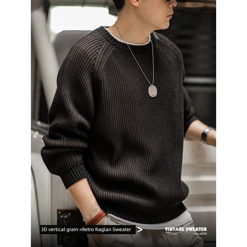 Madden Parka American Retro Vertical Stripes Woven Sweater Raglan Sleeve round Neck Thickened Base Knitwear Men's Autumn