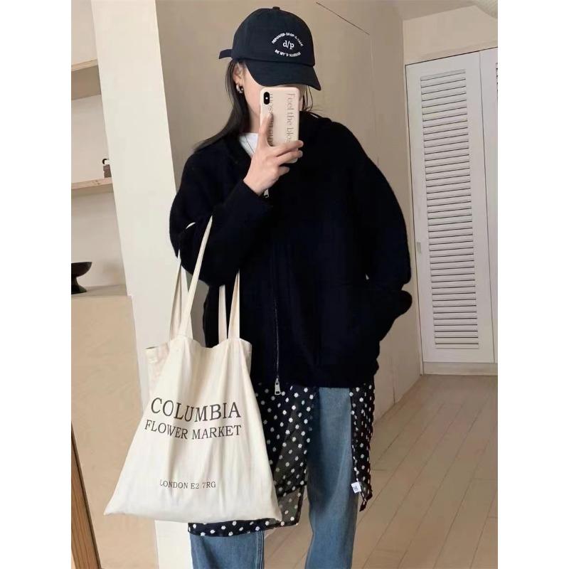 New Simple Pocket Double Zipper Hooded Knitted Cardigan for Women Loose Lazy Style Solid Color Thick Coat for Women