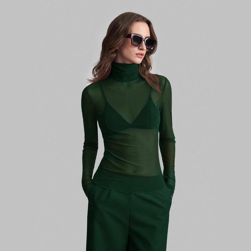 Women Solid Mesh Stand Collar Top Long Sleeve Slim Commute Wear Autumn Winter