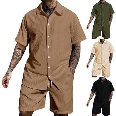 Roupa de Verão Masculina Cor Sólida Listrada Casual Moda Solta Manga Curta Camisa Shorts Terno