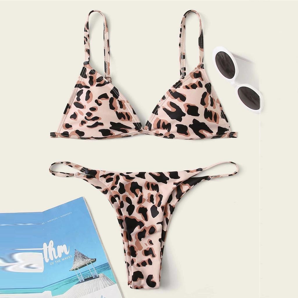 Women Leopard Print High Waist Two Pieces Bikini Swimwear Swimsuit Beachwear