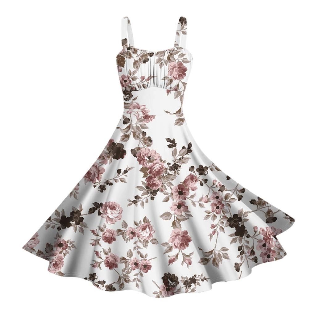 Damen Vintage Ärmellos Plissiert Patchwork Niedlich A-Linien Saum Blumendruck Kleider