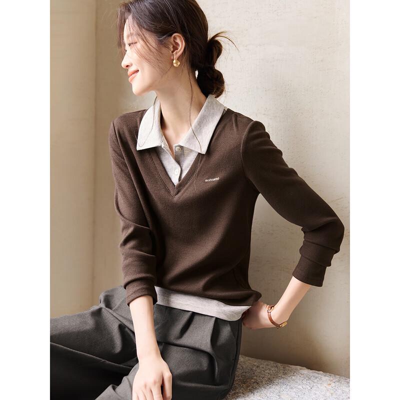 Retro Color-Block Faux Two-Piece Long-Sleeve Blouse M
