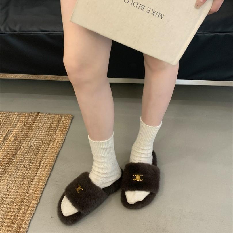 Thick-bottomed fluffy slippers for women to wear 2025 autumn and winter new fashion lamb wool one-word cotton slippers for women
