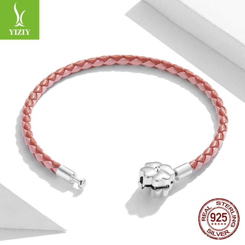 Gradual Change Four-Leaf Clover Leather Base Bracelet, Fashionable Diy925 Sterling Silver Woven Lucky Bracelet