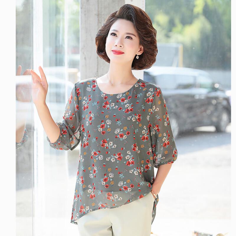 Elegant Loose Printed Summer Top for Middle-Aged Women 4XL
