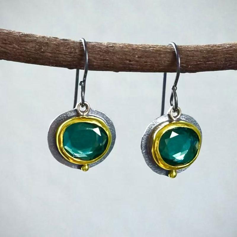 Jianjie Women's Dainty Green Color Cut Zirconia Inlaid Pendant Earrings Ethnic Style Retro New Ear Jewelry  Trend