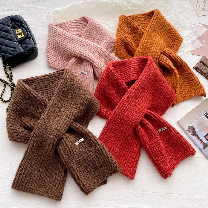 Simple knitted small scarf containing wool, women's autumn and winter age reduction versatile solid color warm cross wool scarf
