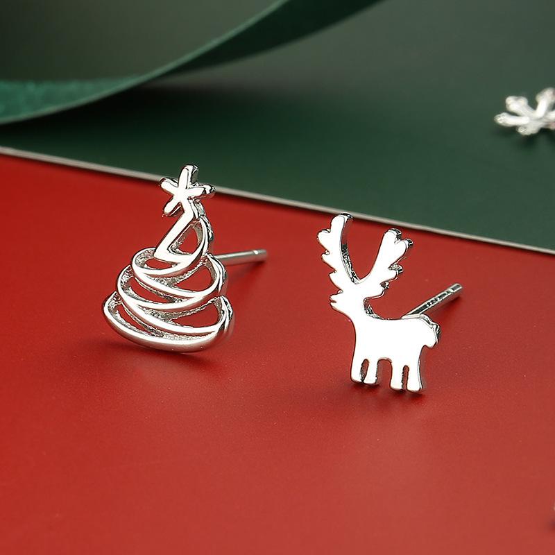 S925 Sterling Silver Reindeer Snowflake Red Earrings - Christmas Series Studs for Women