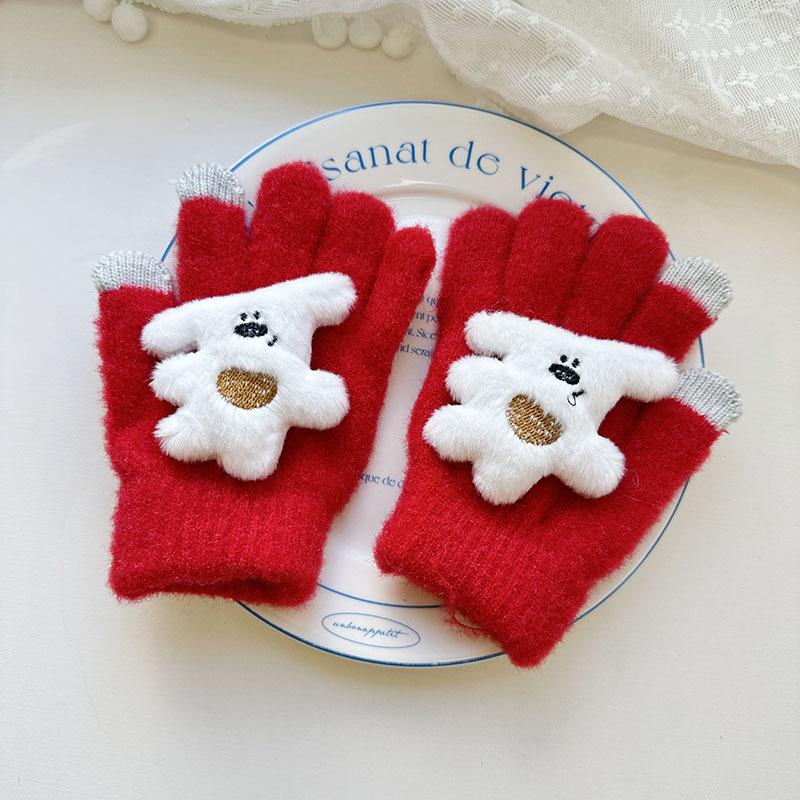 Children s Five Finger Gloves Bear Finger Warm Cycling Windproof Thickened Plush Gloves Wool Knitted Gloves one size