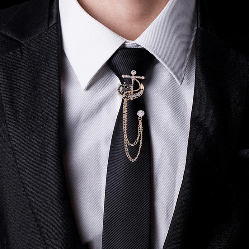 Fashion Luxulry Korean Crystal Anchor Brooches for Women Men Tassel Chain Rhinestone Collar Pins Suit Shirt Badge Jewelry Gifts
