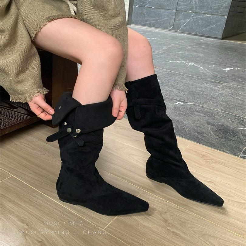 2025 Autumn and Winter New Square Head Slack Two Wear Tall Boots Velvet Simple Bag Legs Slope Heel Boots Women