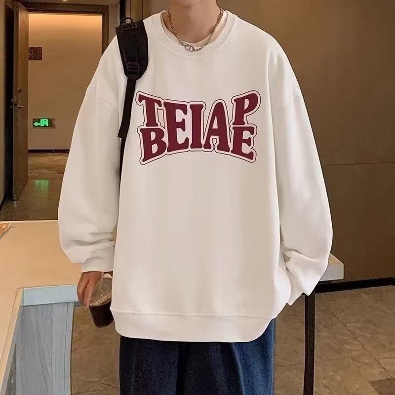 Men's Printed Hoodie Round Neck Hooded Sweatshirt Trendy Brand Casual Hoodies Loose Long Sleeved Pullover Base Shirt