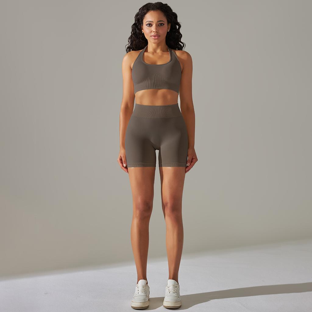 Seamless Knitted Back High Elasticity Sports Bra Yoga Set Running Fitness Shorts Two Piece Set For Women