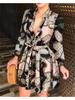 Summer New Women's Long Sleeve V-Neck Tied Fashionable Sexy Printed Dress