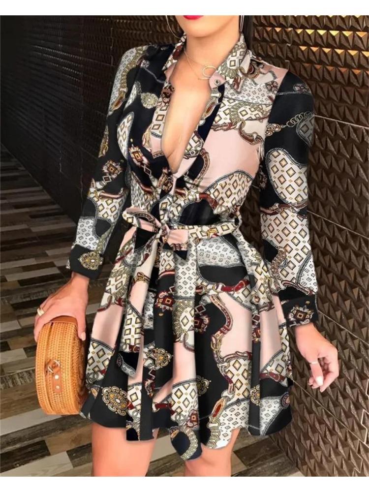 Summer New Women's Long Sleeve V-Neck Tied Fashionable Sexy Printed Dress
