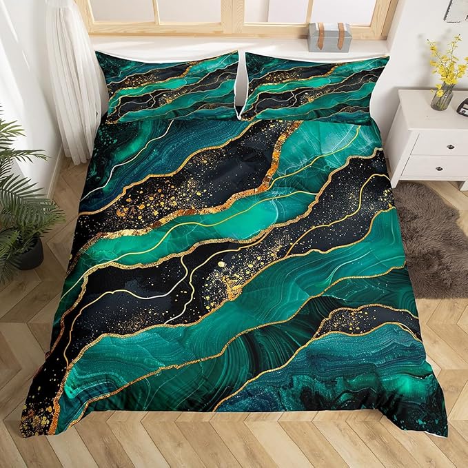 Green Marble Duvet Cover Twin King Marbling Texture Bedding Set Foil Print Glitter Comforter Cover Modern Abstract Art Bed Cover