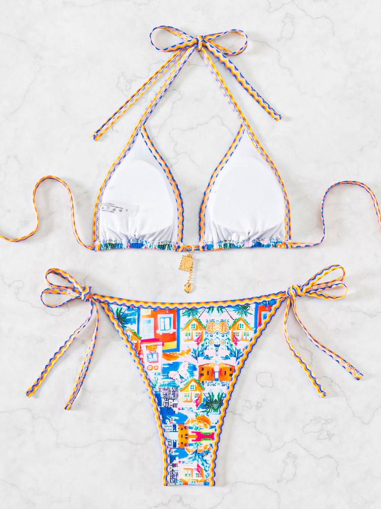 Triangle Cup Print Sexy Bikini Split Swimsuit