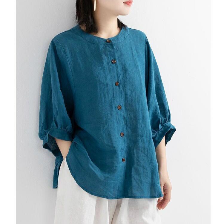 Women Solid Color Cotton Linen Shirt O-neck Lantern Sleeve Casual Loose Blouse Tops