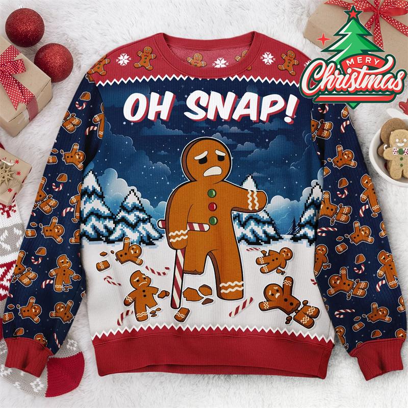 Oh Snap Funny Gingerbread Christmas Ugly Sweater Men Clothes Cute Neon Print Loose Sport Sweater Festival Unique Gift Sweatshirt