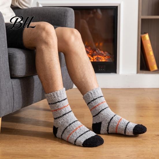 Elastic Mid-calf Thermal Wear Thickened Coral Fleece Socks for Men, Striped Socks, Soft High Elasticity Cozy Fuzzy Crew Winter, Cold Weather Warm Home