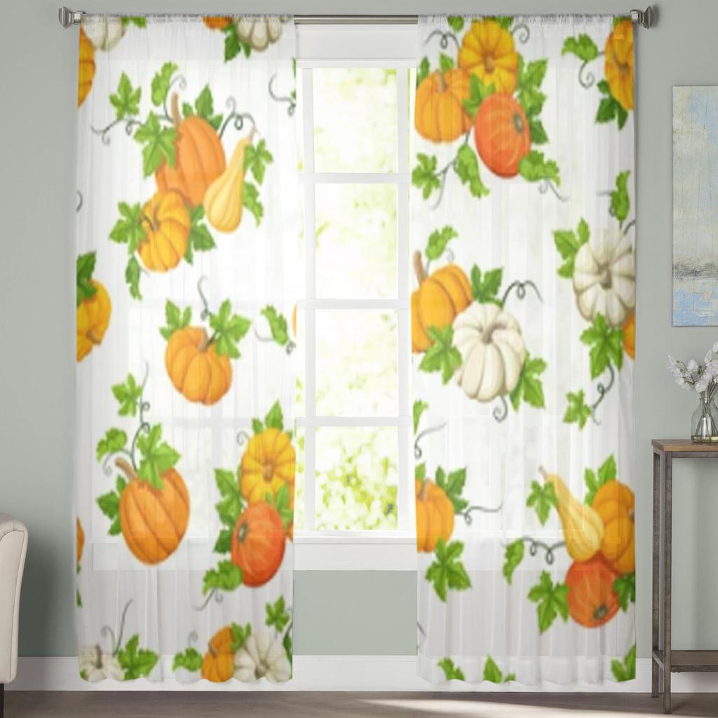 Pumpkins And Green Leaves Sheer Curtains For Living Room Window Transparent Voile Tulle Curtain Bedroom Drapes Home Decor