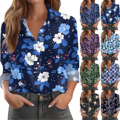 Women's Shirt With Floral Print Buttons, Long Sleeved Casual Regular Shirt Collar Top