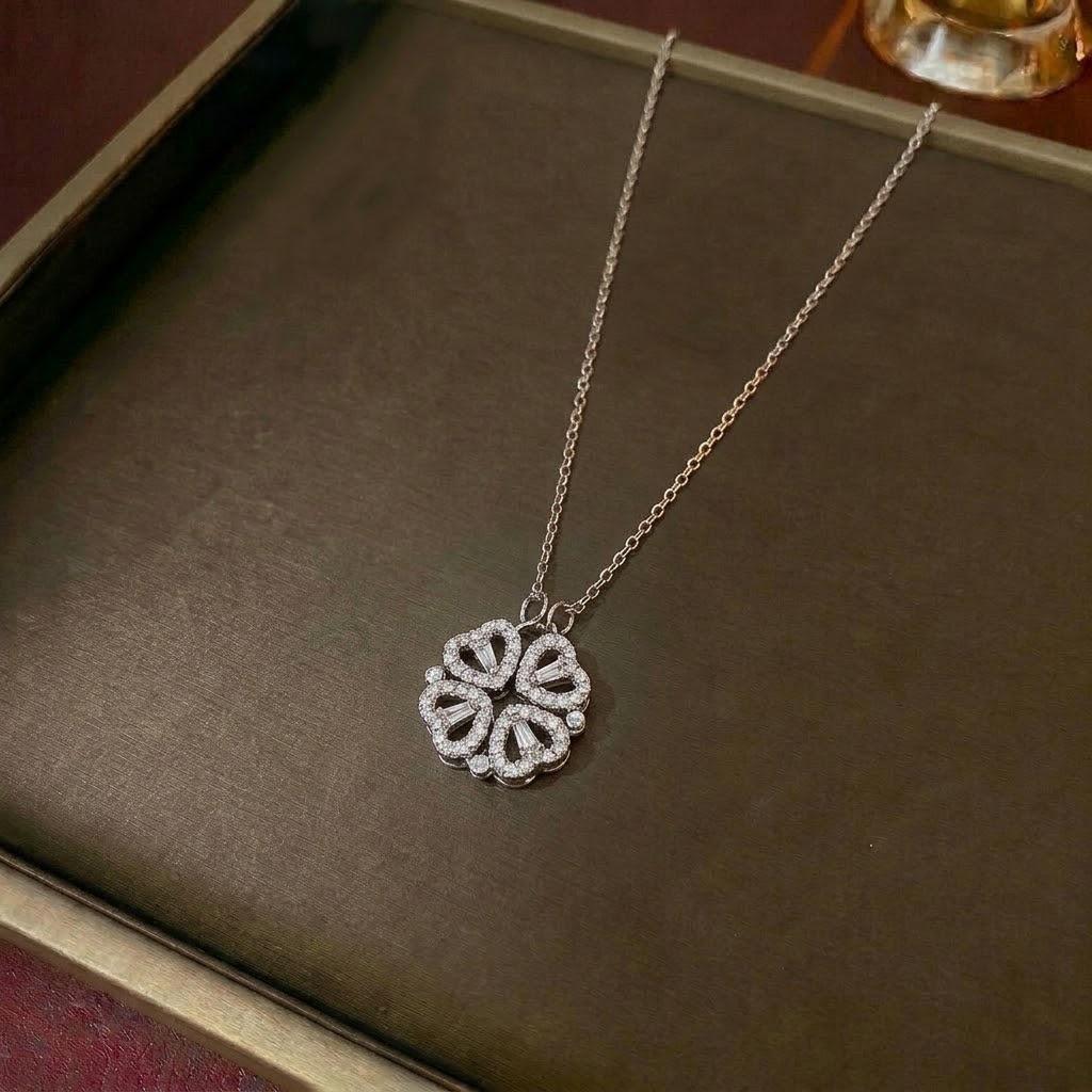 Women's Heart-Shaped Necklace with Four-Petal Flower, Cubic Zirconia, Titanium Steel Clavicle Chain - Elegant and Versatile Accessory