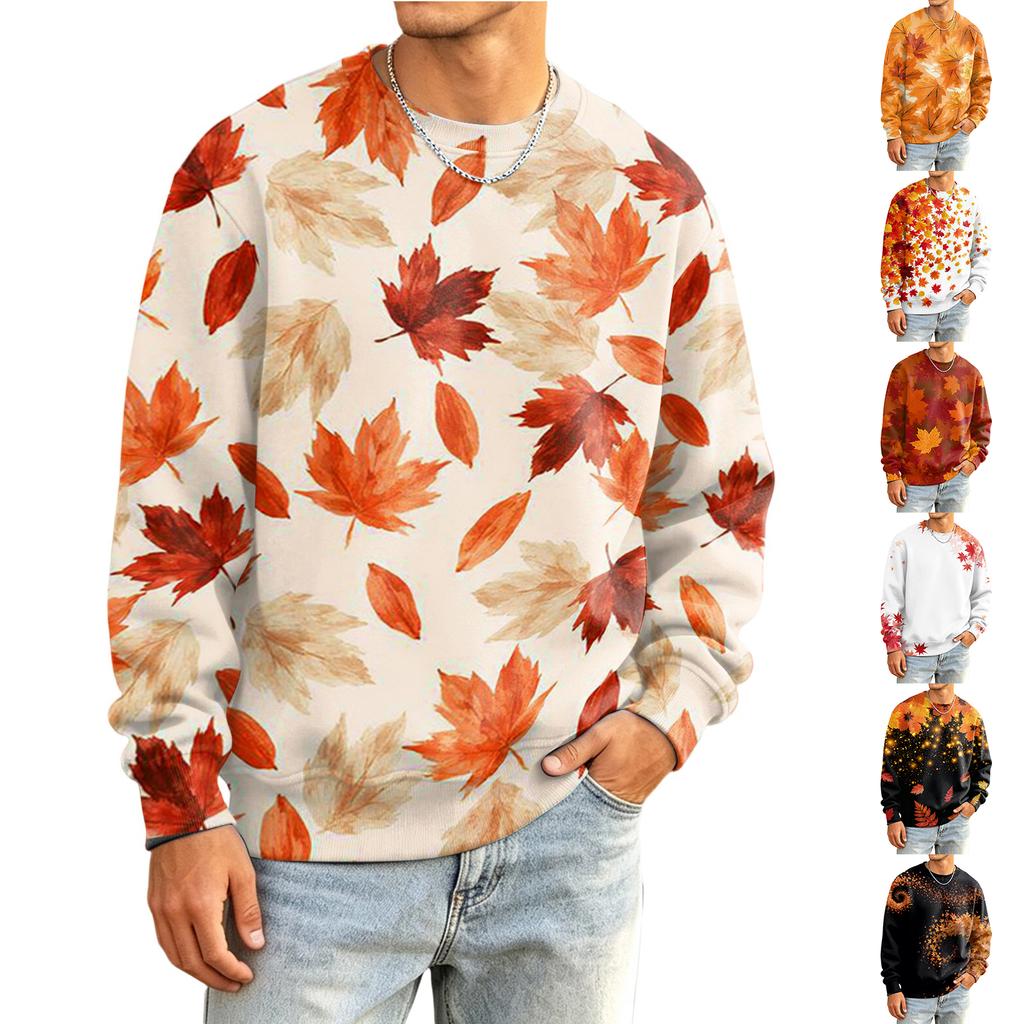 Men's Casual Loose Fit Round Neck Printed Long Sleeve Shirt