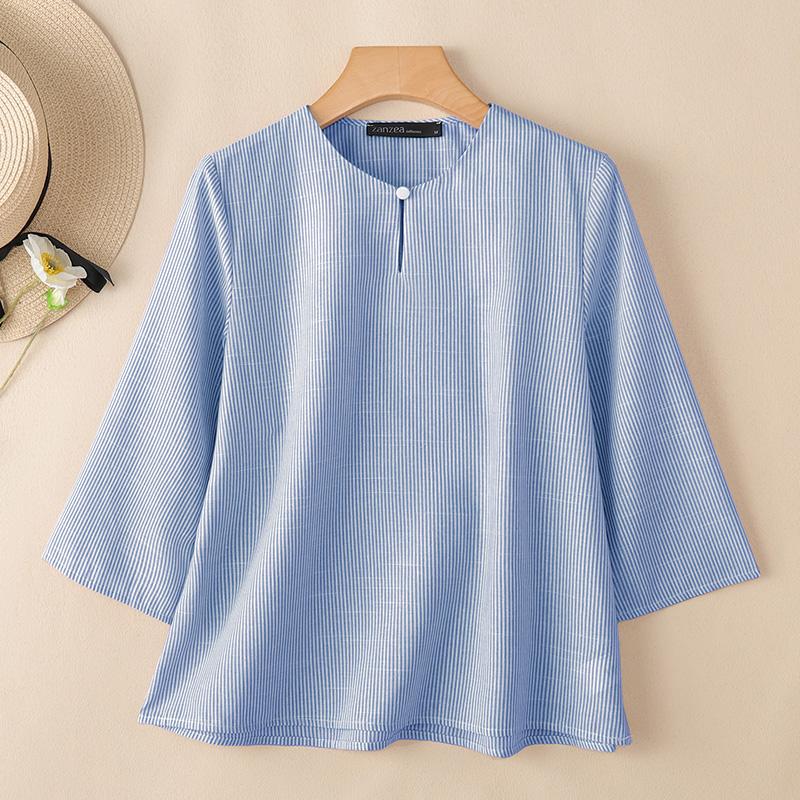 

ZANZEA Женская повседневная блузка с круглым вырезом, свободного кроя, с рукавами 3/4 и полосатым принтом L синий