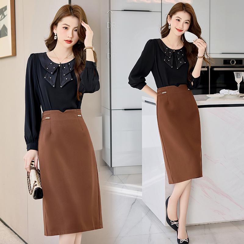 Spring 2025 Women's Fashionable Two-Piece Suit: Temperament Shirt & Midi Skirt (HR968-8)
