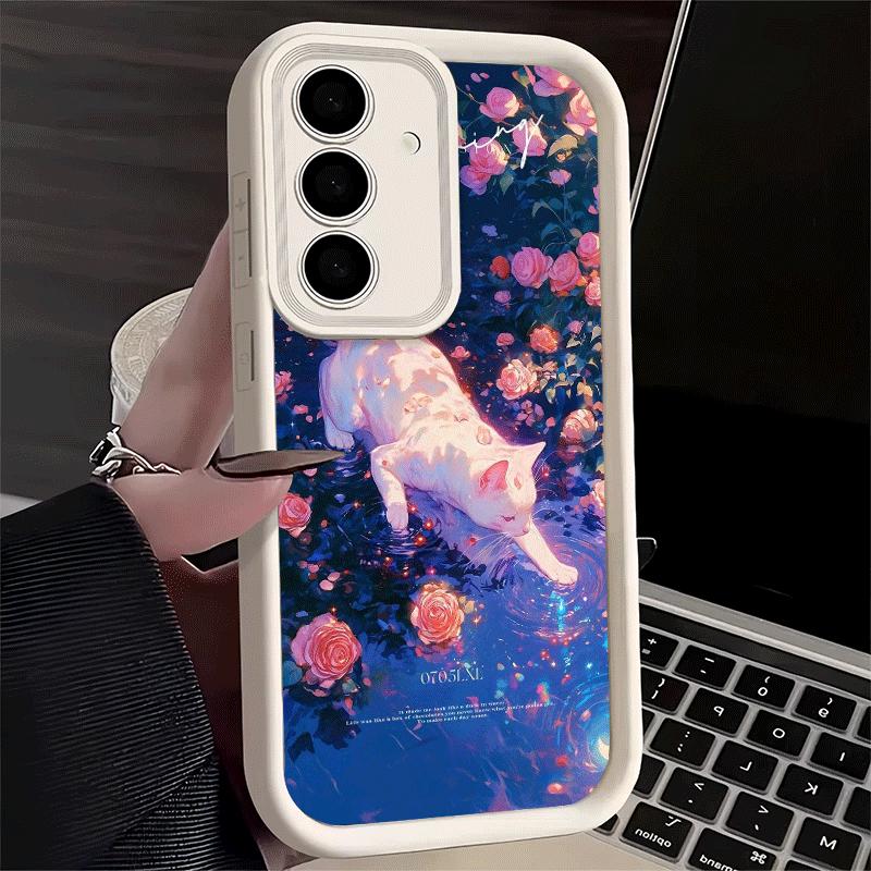 Phone Case for Samsung Galaxy S26 S25 Ultra S24 FE Night Moon Cat Dreamy Art Shell S23 Plus S22 + S21 S20 5G Soft Silicone Funda