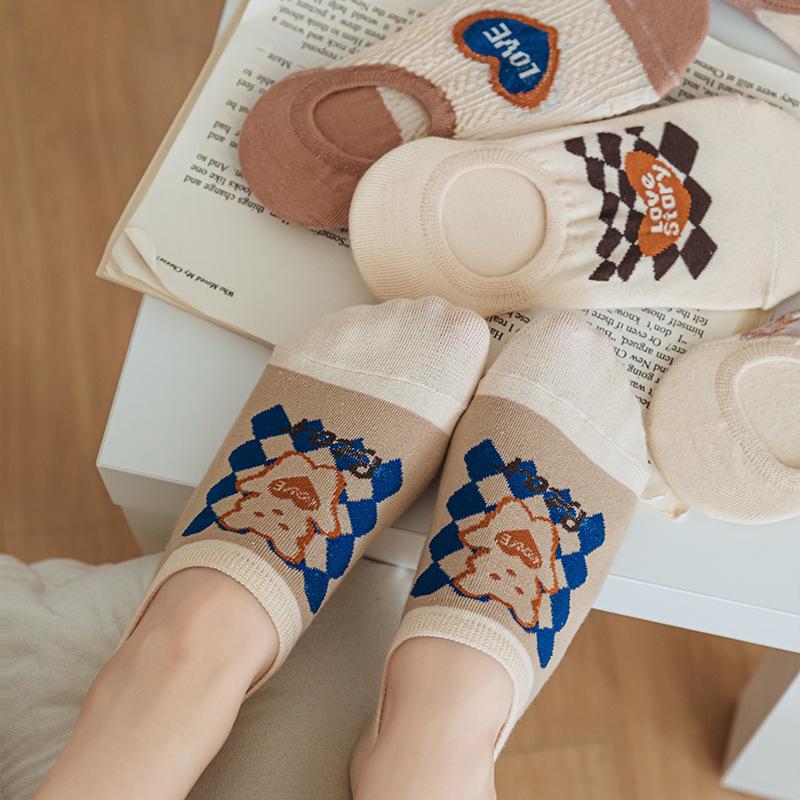 Women's Cartoon Cotton Socks, Breathable and Non-dropping, Short Socks, Shallow-mouthed Silicone Invisible Anti-slip Boat Socks