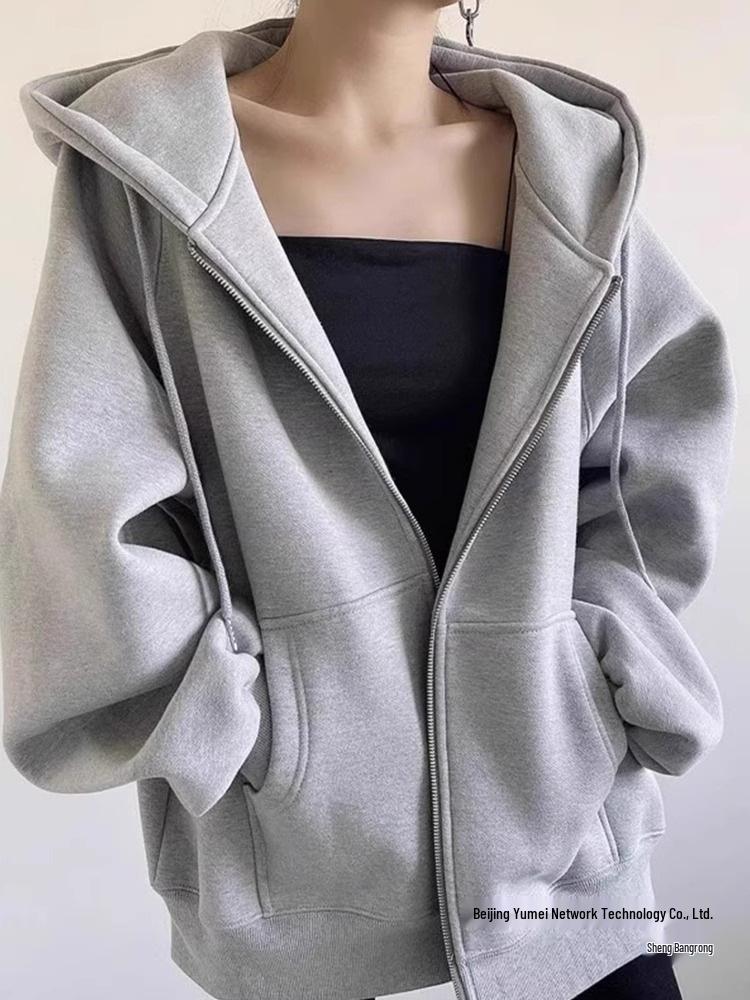 Solid Color Women's Hooded Fleece-Lined Cardigan Jacket - American Retro Lazy Style for 2025 Autumn/Winter