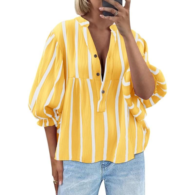 New Summer and Autumn Striped Shirt with Puffed Sleeves and Loose Top for Women