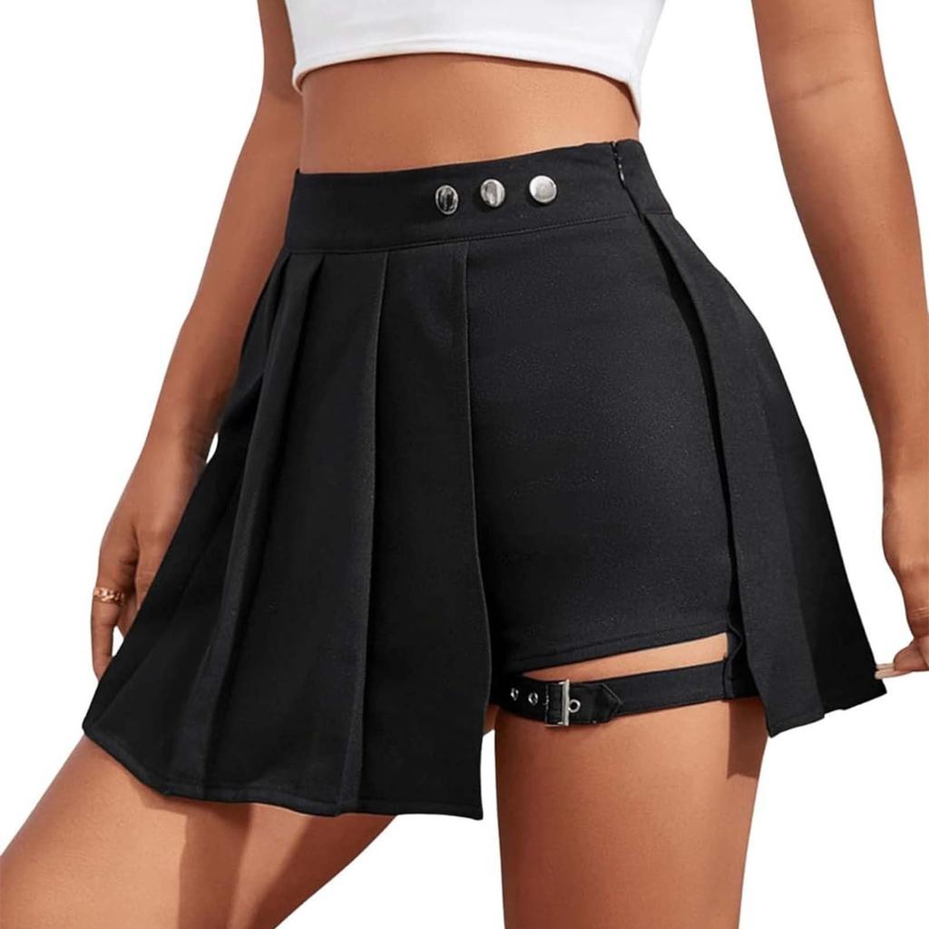 Women's Black Sexy Leg Ring Skirt Pleated Skirt Short Skirt