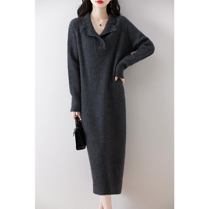 

100% Wool Stand Collar Long Dress - Autumn/Winter 2025 Women s Loose Slimming Double-Strand Thickened Pullover Sweater Medium